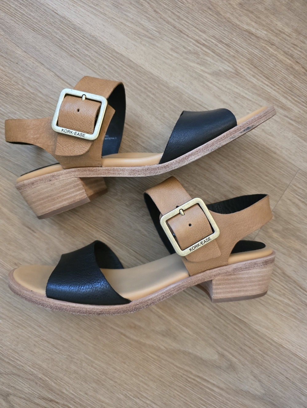 Kork-Ease Myakka Black and Tan Leather Low Block Heel Sandals, 9m
